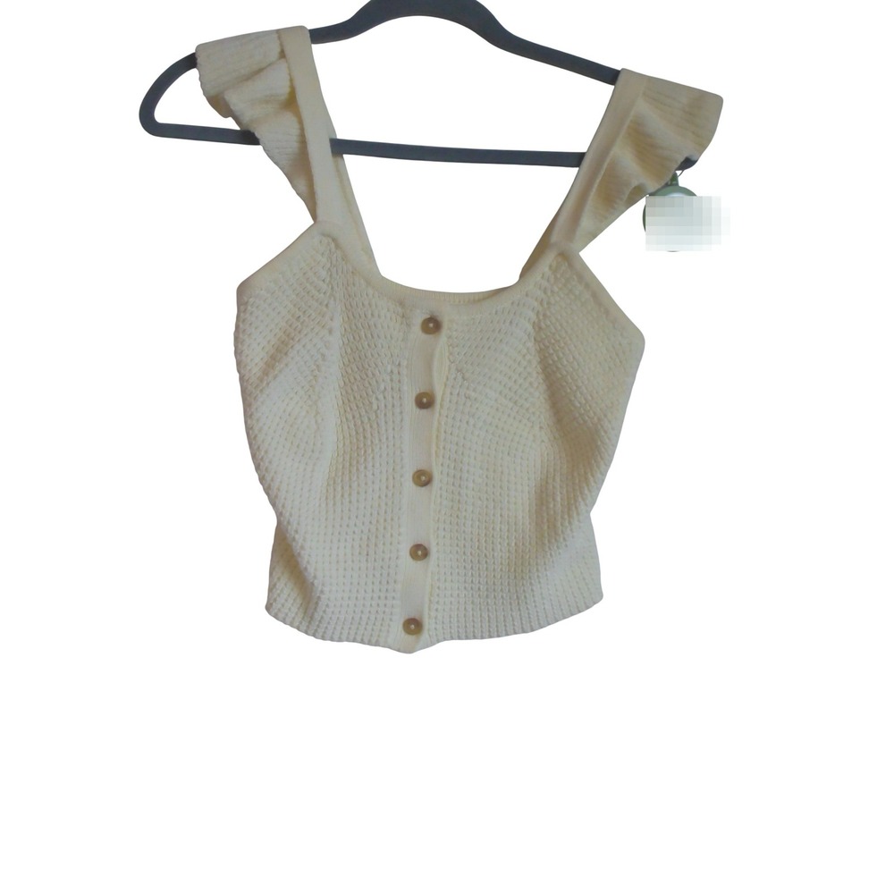 Cream Ruffle Strap Button Front Knit Crop Top Off White Waffle Texture Tank xs